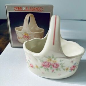 Dainty Trinket Basket Scalloped Edge Floral Ivory Pink Roses Ceramic 4” Japan